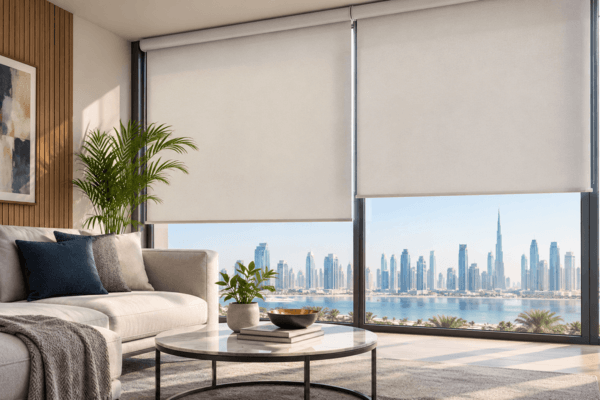 Roller Blinds In A Sunlit Living Room With Skyline